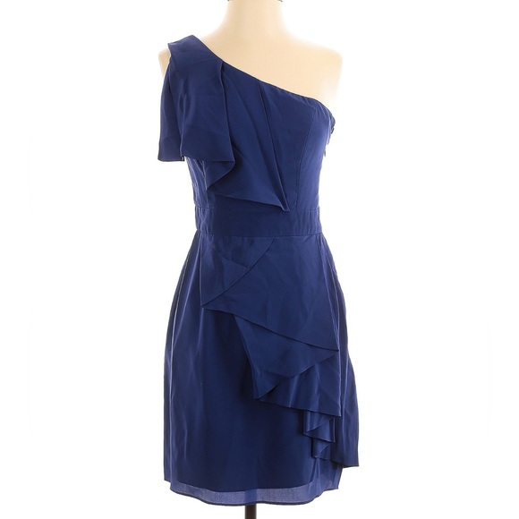 Shoshanna One Shoulder Ruffle Cocktail Dress | Navy Blue | 100% Silk | Size 2 - Picture 1 of 4